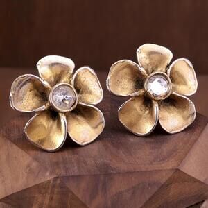 Ikuo Ichimori Paris Vintage Large Gold Plated Flower Rhinestone Clip Earrings